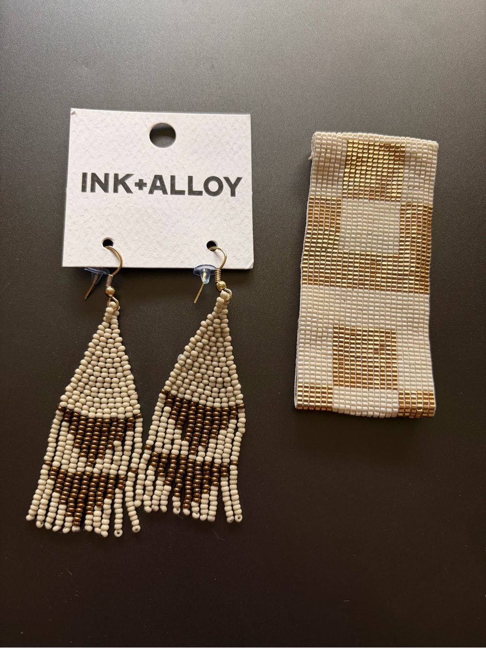 Ink+Alloy Gold and Cream Beaded Fringe Earrings and bracelet